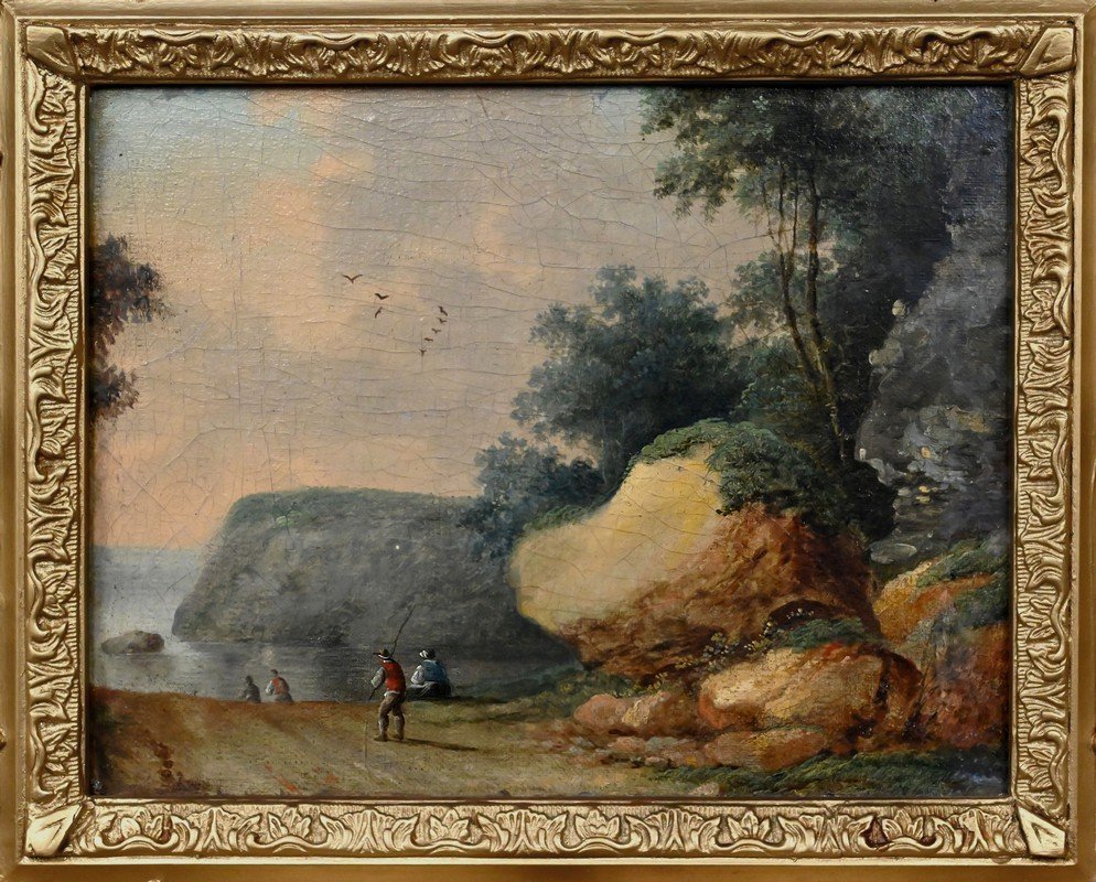 Tableau « Chemin ouvrant sur la Mer », Huile sur panneau, dans le goût de Jean Pillement – Fin -photo-4