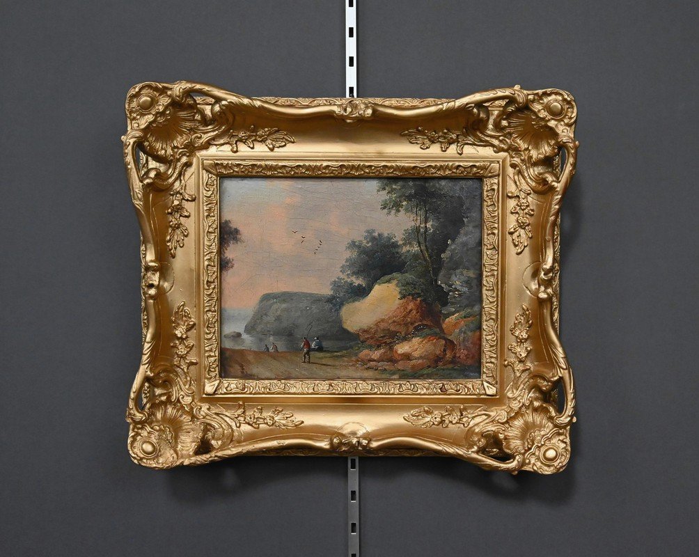 Tableau « Chemin ouvrant sur la Mer », Huile sur panneau, dans le goût de Jean Pillement – Fin -photo-3