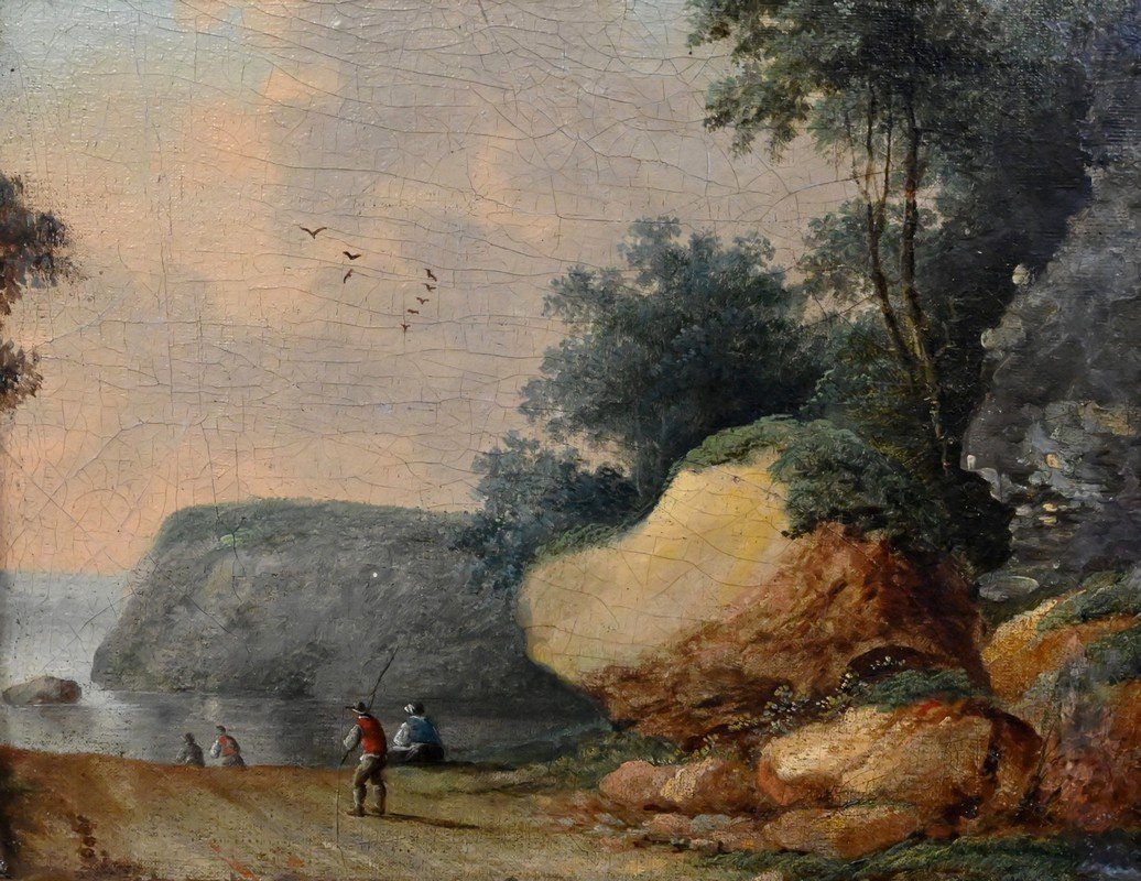 Tableau « Chemin ouvrant sur la Mer », Huile sur panneau, dans le goût de Jean Pillement – Fin -photo-6