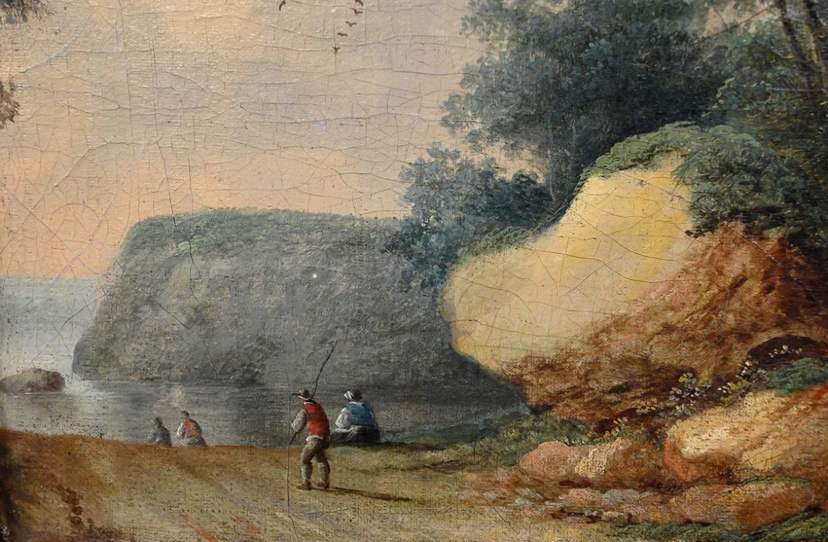 Tableau « Chemin ouvrant sur la Mer », Huile sur panneau, dans le goût de Jean Pillement – Fin -photo-7