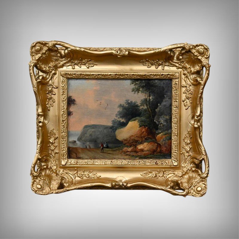 Tableau « Chemin ouvrant sur la Mer », Huile sur panneau, dans le goût de Jean Pillement – Fin 