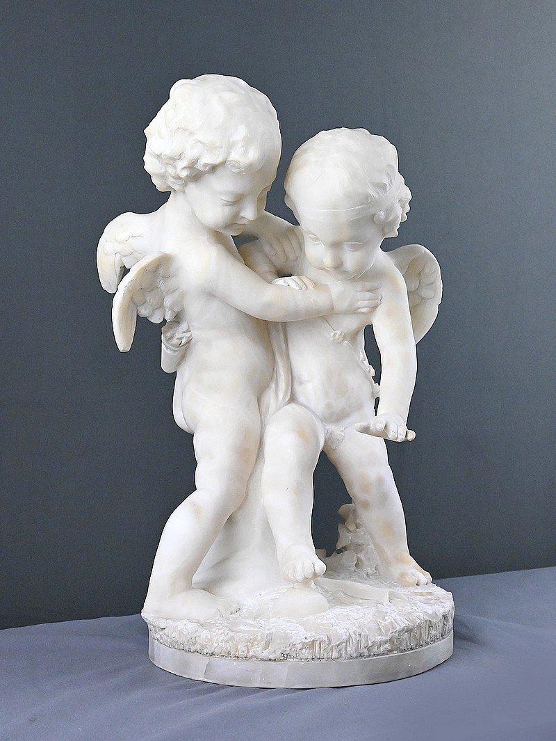 Sculpture en Albâtre « Deux Amours se disputant un Cœur », d’après Falconet – 2ème partie XIXe-photo-3