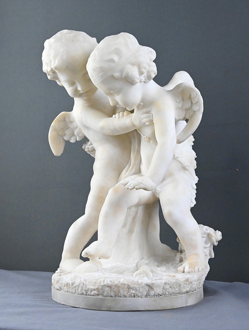Sculpture en Albâtre « Deux Amours se disputant un Cœur », d’après Falconet – 2ème partie XIXe-photo-4