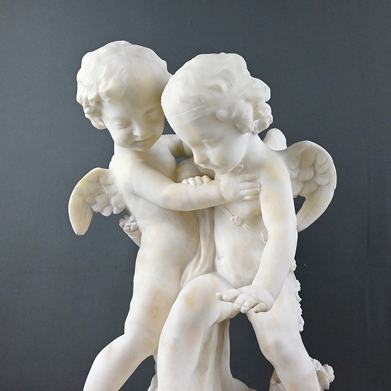 Sculpture en Albâtre « Deux Amours se disputant un Cœur », d’après Falconet – 2ème partie XIXe-photo-1