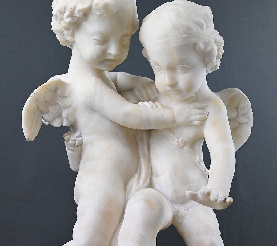 Sculpture en Albâtre « Deux Amours se disputant un Cœur », d’après Falconet – 2ème partie XIXe-photo-2