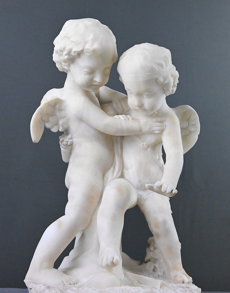 Sculpture en Albâtre « Deux Amours se disputant un Cœur », d’après Falconet – 2ème partie XIXe-photo-3