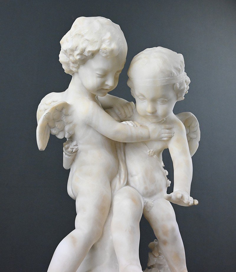 Sculpture en Albâtre « Deux Amours se disputant un Cœur », d’après Falconet – 2ème partie XIXe-photo-5
