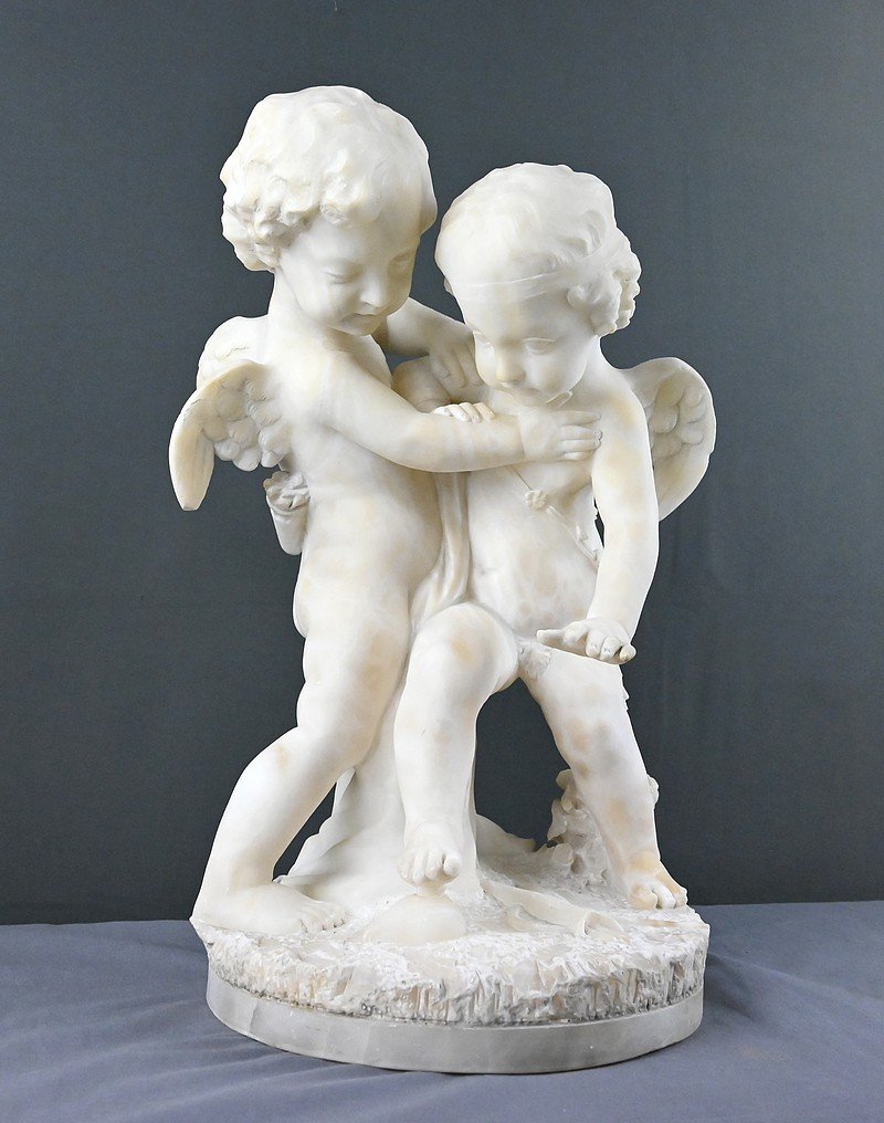 Sculpture en Albâtre « Deux Amours se disputant un Cœur », d’après Falconet – 2ème partie XIXe-photo-6