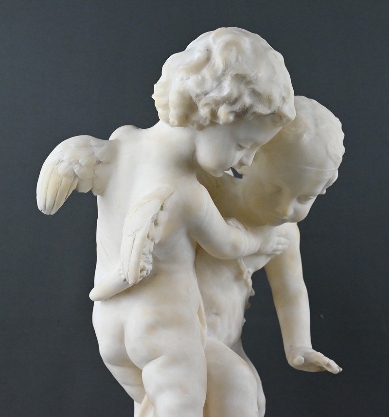 Sculpture en Albâtre « Deux Amours se disputant un Cœur », d’après Falconet – 2ème partie XIXe-photo-7