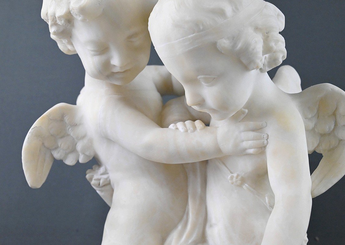 Sculpture en Albâtre « Deux Amours se disputant un Cœur », d’après Falconet – 2ème partie XIXe-photo-8