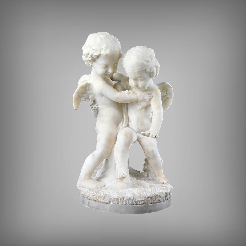 Sculpture en Albâtre « Deux Amours se disputant un Cœur », d’après Falconet – 2ème partie XIXe