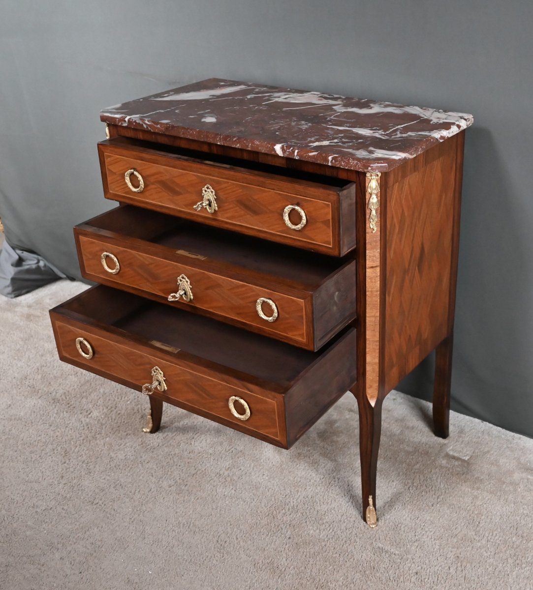 Commode en Marqueterie, Style Transition Louis XV Louis XVI – Milieu XXe-photo-3