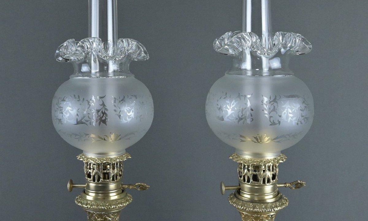 Pair Of Satsuma Porcelain And Bronze Kerosene Lamps, Japan – Late 19th Century-photo-3