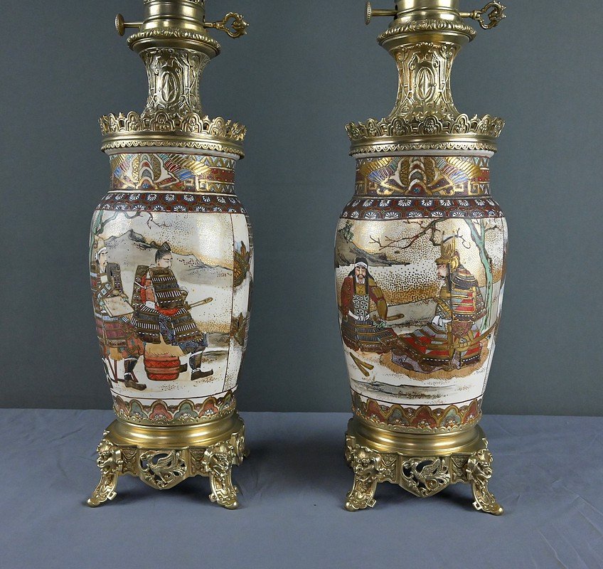 Pair Of Satsuma Porcelain And Bronze Kerosene Lamps, Japan – Late 19th Century-photo-4