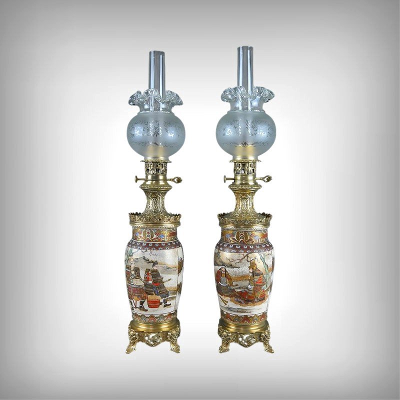 Pair Of Satsuma Porcelain And Bronze Kerosene Lamps, Japan – Late 19th Century