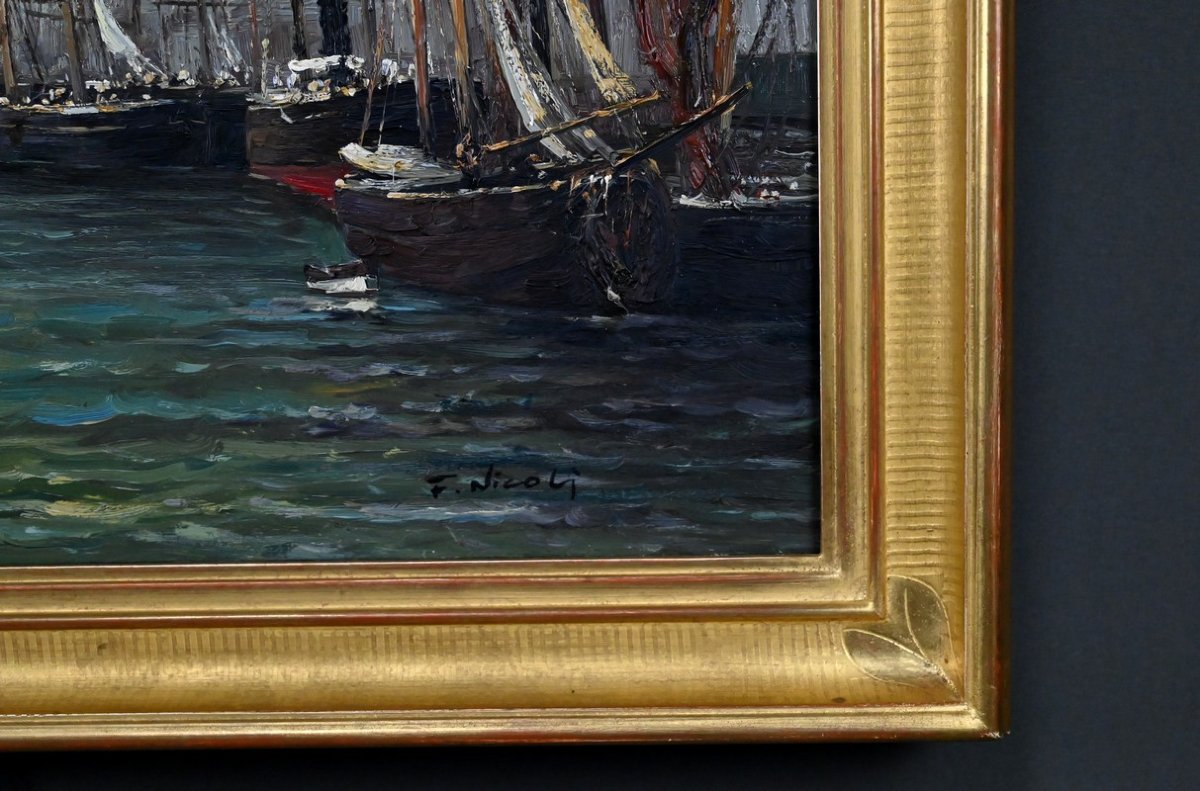 Tableau « Scène de Port », Huile sur Toile, signé F. Nicoli – XXe-photo-5