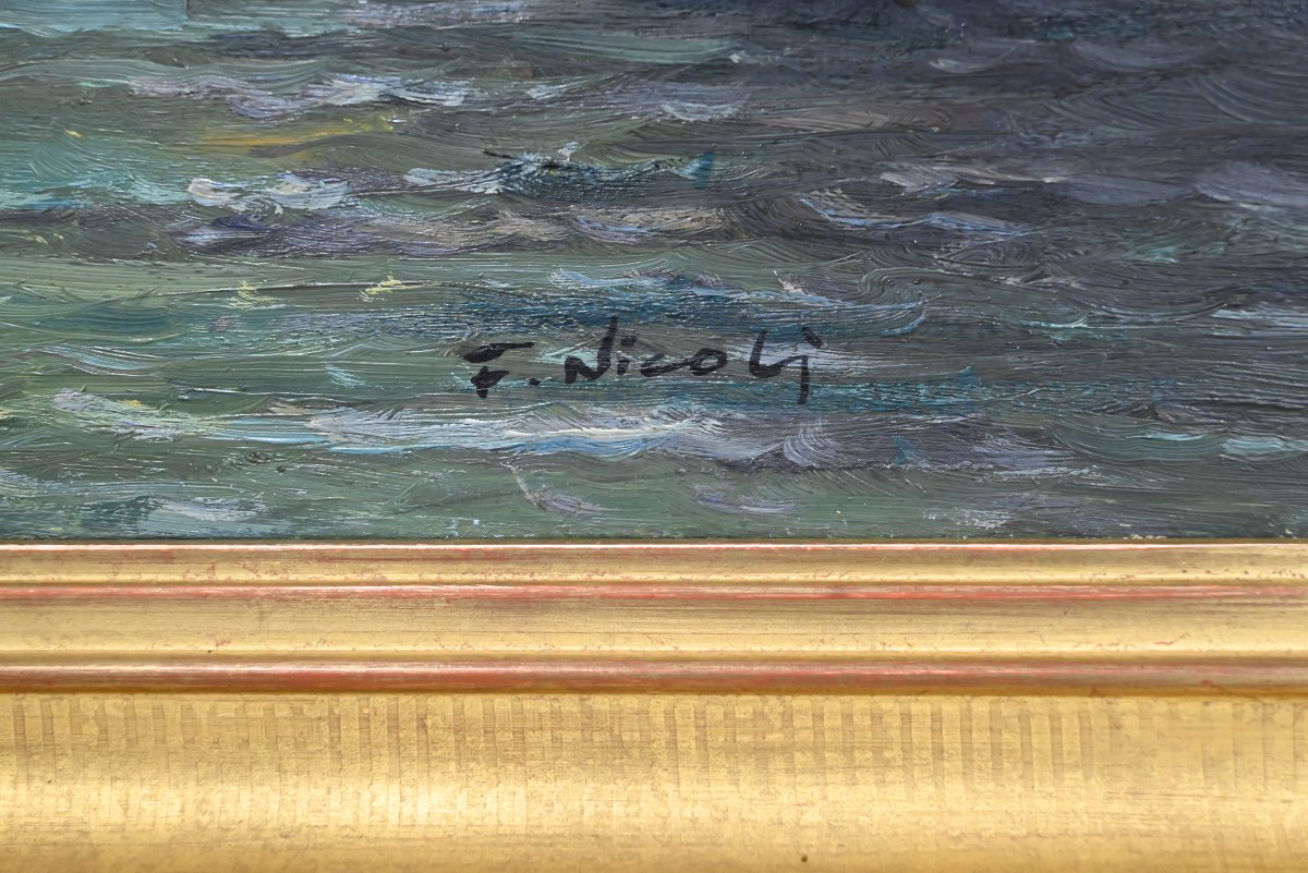 Tableau « Scène de Port », Huile sur Toile, signé F. Nicoli – XXe-photo-6