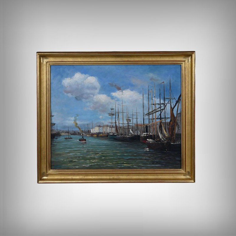 Tableau « Scène de Port », Huile sur Toile, signé F. Nicoli – XXe