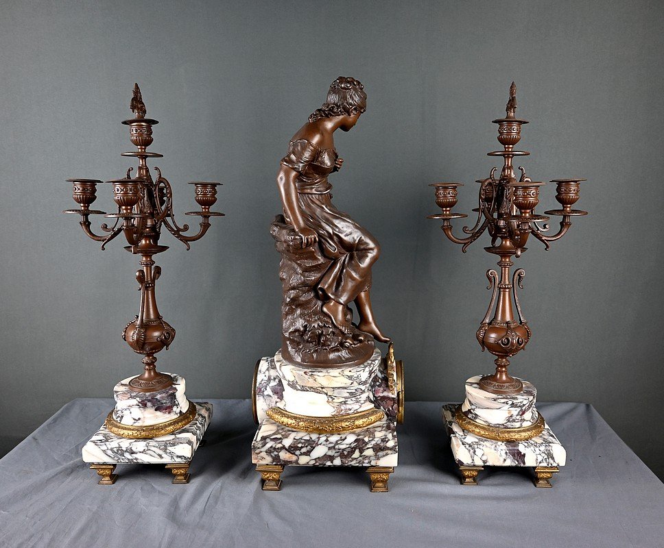 Garniture de Cheminée en Marbre & Régule signé A. Moreau – Début XXe-photo-2