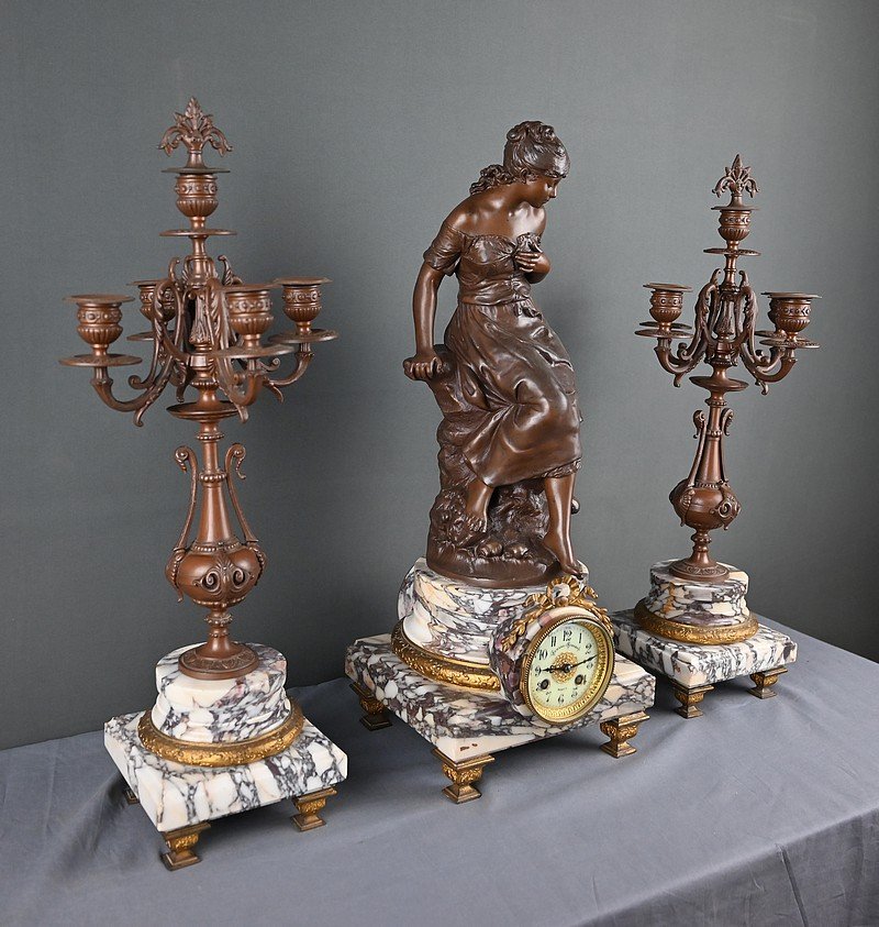 Garniture de Cheminée en Marbre & Régule signé A. Moreau – Début XXe-photo-7