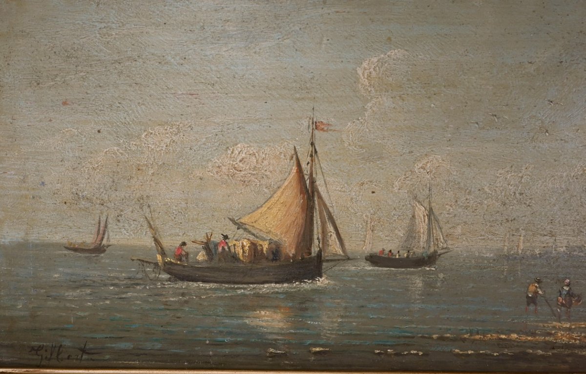 Tableau « Retour au Port », huile sur panneau, signé Gilbert – Fin XIXe-photo-4