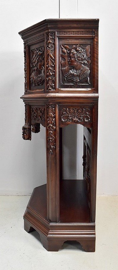 Cabinet In Solid Walnut, Gothic Taste - Renaissance - Late 19th Century-photo-5