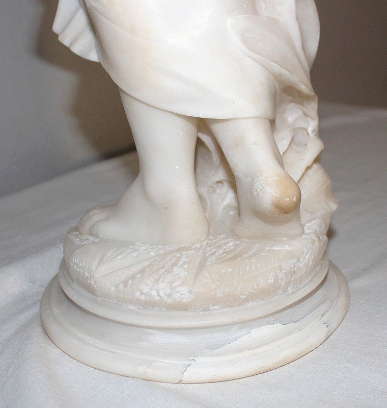  Grande Sculpture En Albâtre « Jeune Fille Au Panier De Fleurs » - 1900 -photo-8