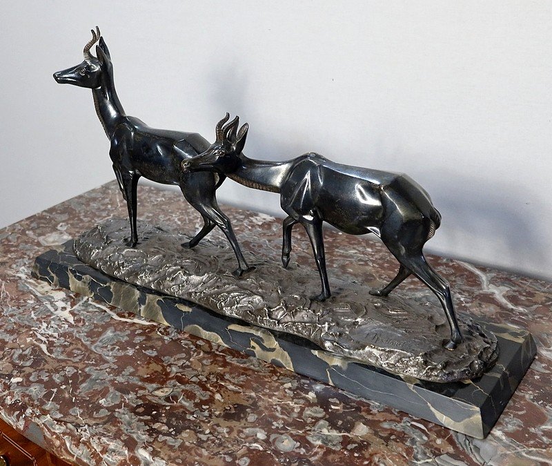  Important Bronze « Les Deux Gazelles » Signé I. Rochard - XXe -photo-3