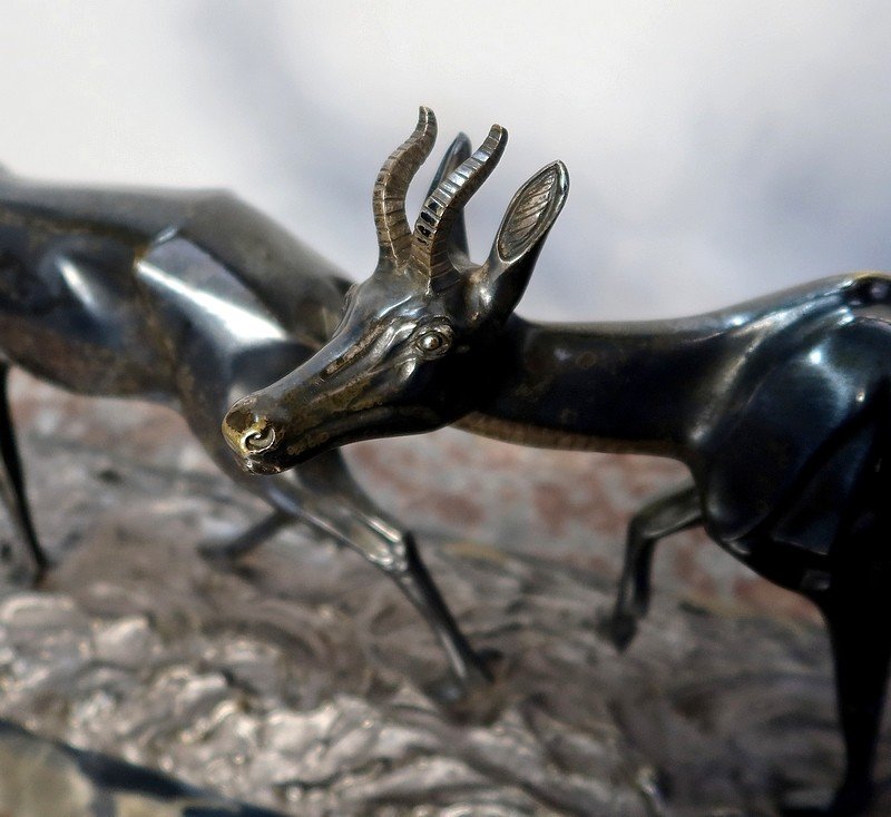  Important Bronze « Les Deux Gazelles » Signé I. Rochard - XXe -photo-4