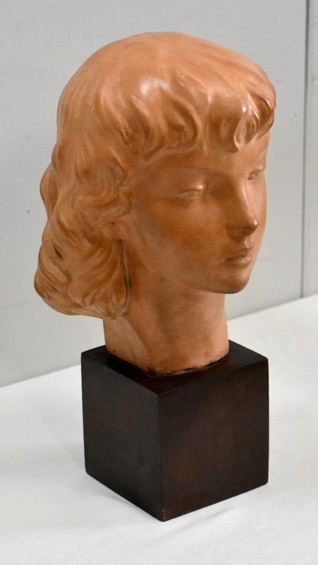  Buste En Terre Cuite D’une Jeune Fille, Art-déco , Par J.c. Guéro – Début XXe -photo-2
