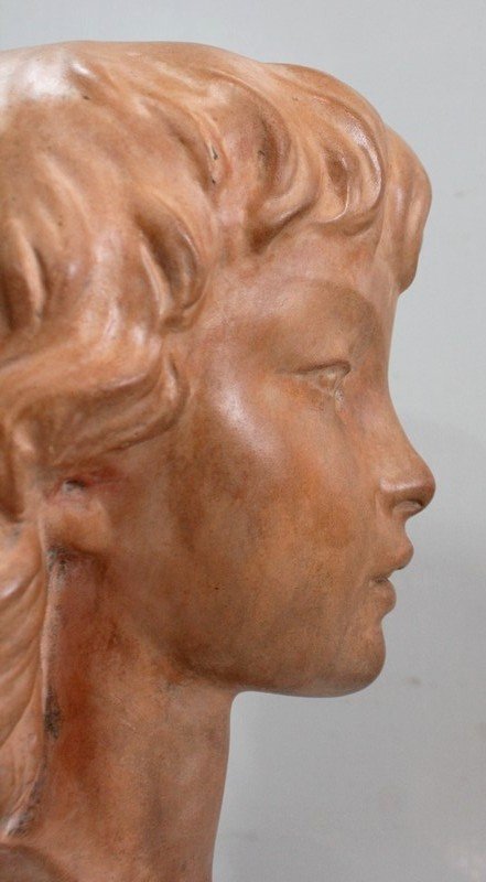  Buste En Terre Cuite D’une Jeune Fille, Art-déco , Par J.c. Guéro – Début XXe -photo-3