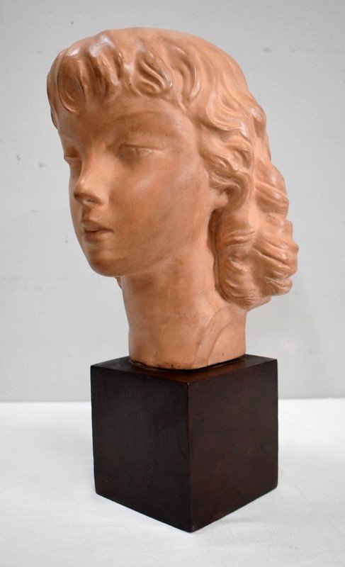  Buste En Terre Cuite D’une Jeune Fille, Art-déco , Par J.c. Guéro – Début XXe -photo-4
