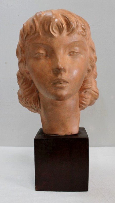  Buste En Terre Cuite D’une Jeune Fille, Art-déco , Par J.c. Guéro – Début XXe 