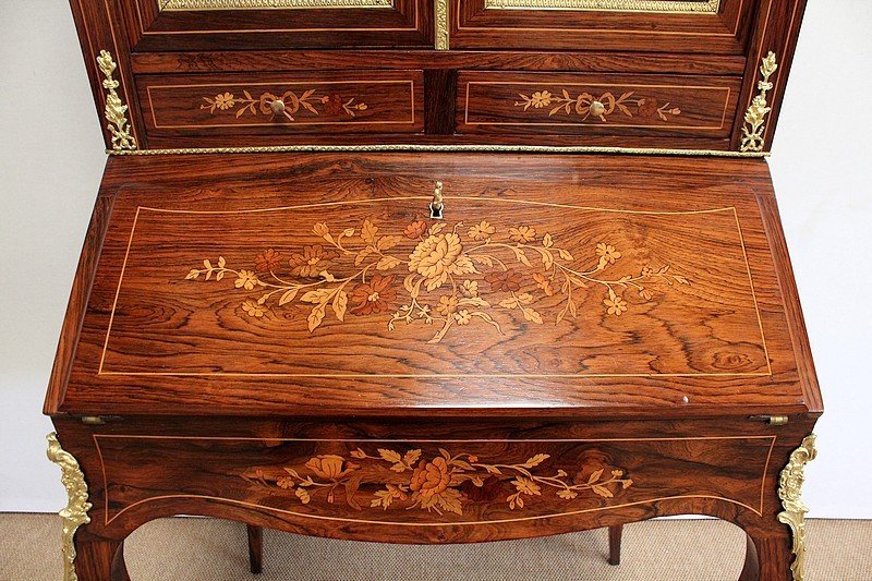  Petit Bureau Vitrine En Palissandre Et Marqueterie, époque Napoléon III – Milieu XIXe -photo-2