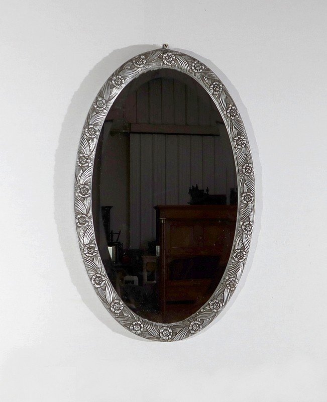 Miroir Ovale Argenté, Art Nouveau – 1900