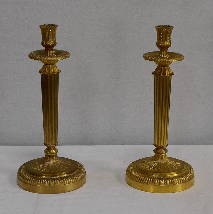 Pair Of Candlesticks In Gilt Bronze, Louis XVI Style - Early Twentieth