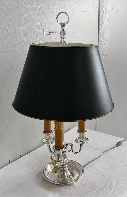 Importante Lampe Bouillotte En Métal Argenté, Goût Louis XVI – Fin XIXe-photo-3