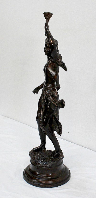 Bronze 'woman With A Torch' Signed V. Rousseau - Late 19th Century-photo-3