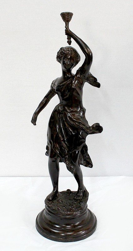 Bronze 'woman With A Torch' Signed V. Rousseau - Late 19th Century