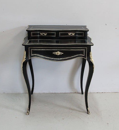 Rare Petit Bureau De Dame Louis XV En Bois Noirci - Époque Napoléon III