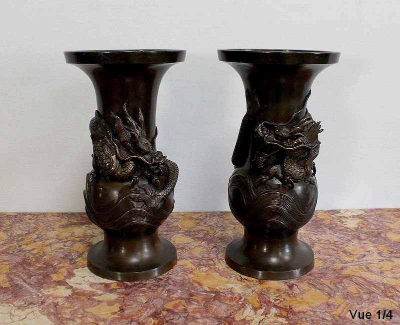 Pair Of Japanese Vases In Patinated Bronze - 1900s-photo-4