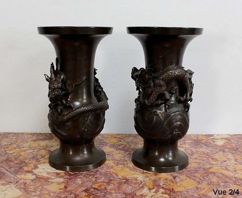 Pair Of Japanese Vases In Patinated Bronze - 1900s-photo-3