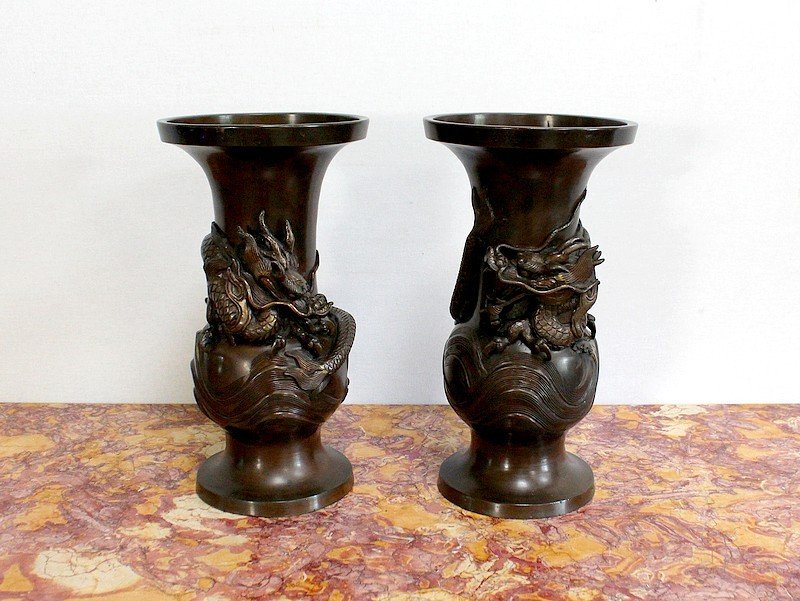 Pair Of Japanese Vases In Patinated Bronze - 1900s