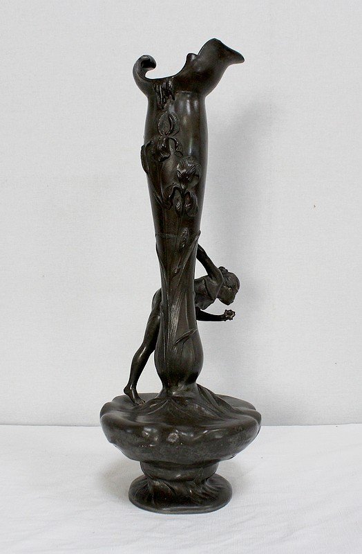  Haut Vase En Etain « Jeune Femme Cueillant Un Nénuphar » Signé P. Jean, Art Nouveau – Début XX-photo-7