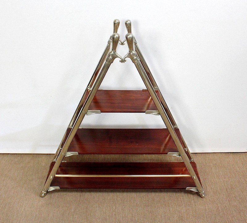 Rare Boat Shelf In Solid Mahogany And Chromed Metal - 1920