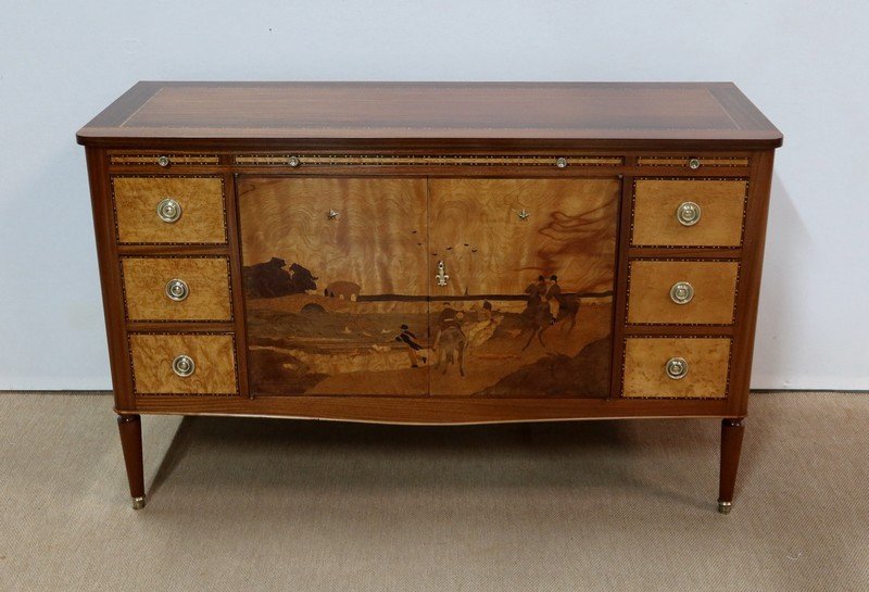  Buffet Commode En Acajou Et Marqueteries, Dans Le Goût Louis XVI - 1940/1950 