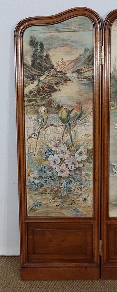 Small Screen Four Leaves In Painted Silk And Solid Walnut - 1900-photo-2