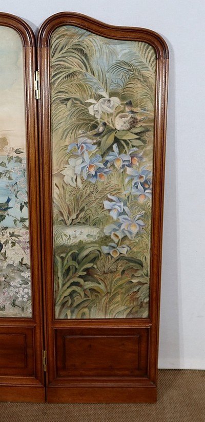 Small Screen Four Leaves In Painted Silk And Solid Walnut - 1900-photo-5