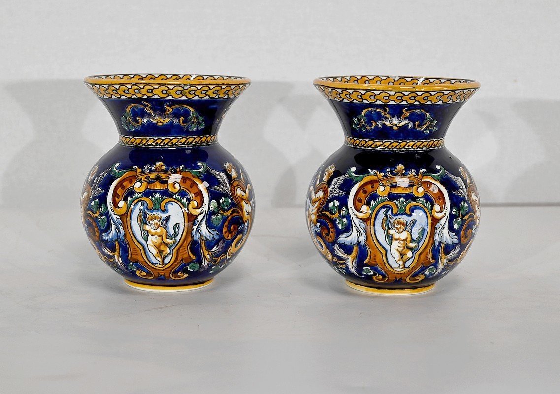 Tray And Vases In Gien Earthenware, Renaissance Style - Early Twentieth-photo-4