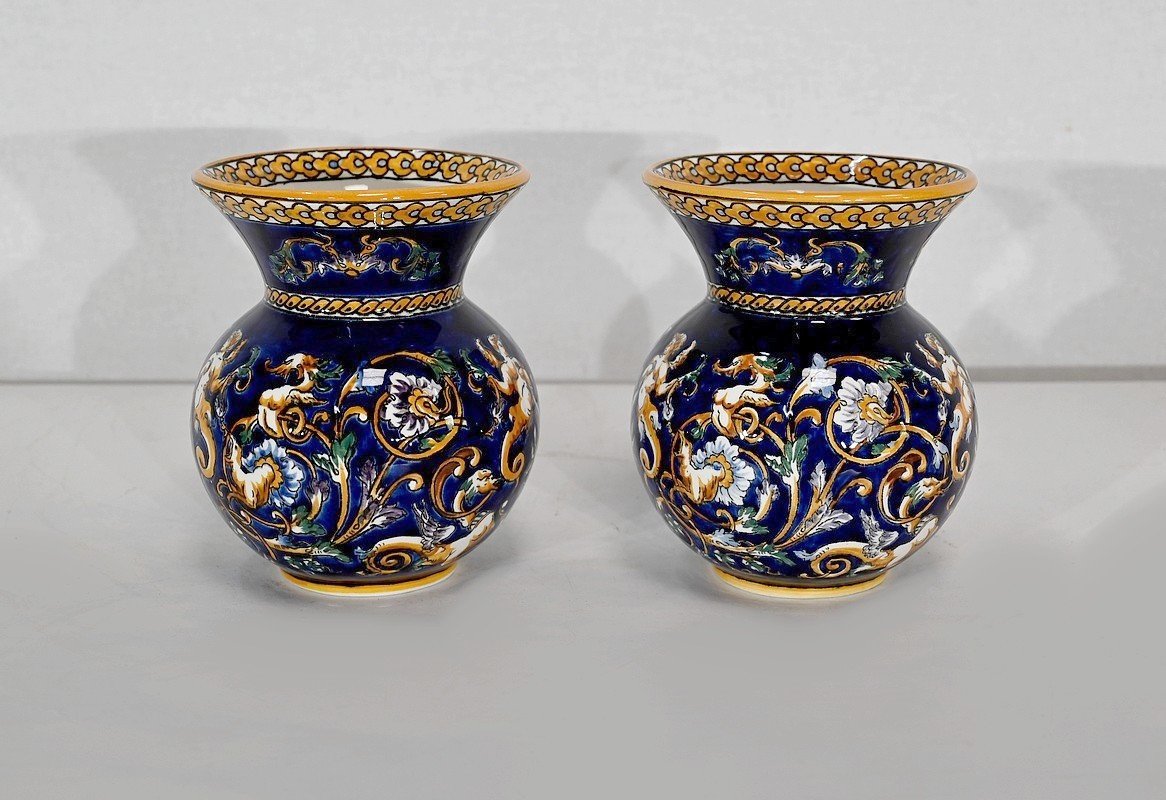 Tray And Vases In Gien Earthenware, Renaissance Style - Early Twentieth-photo-6